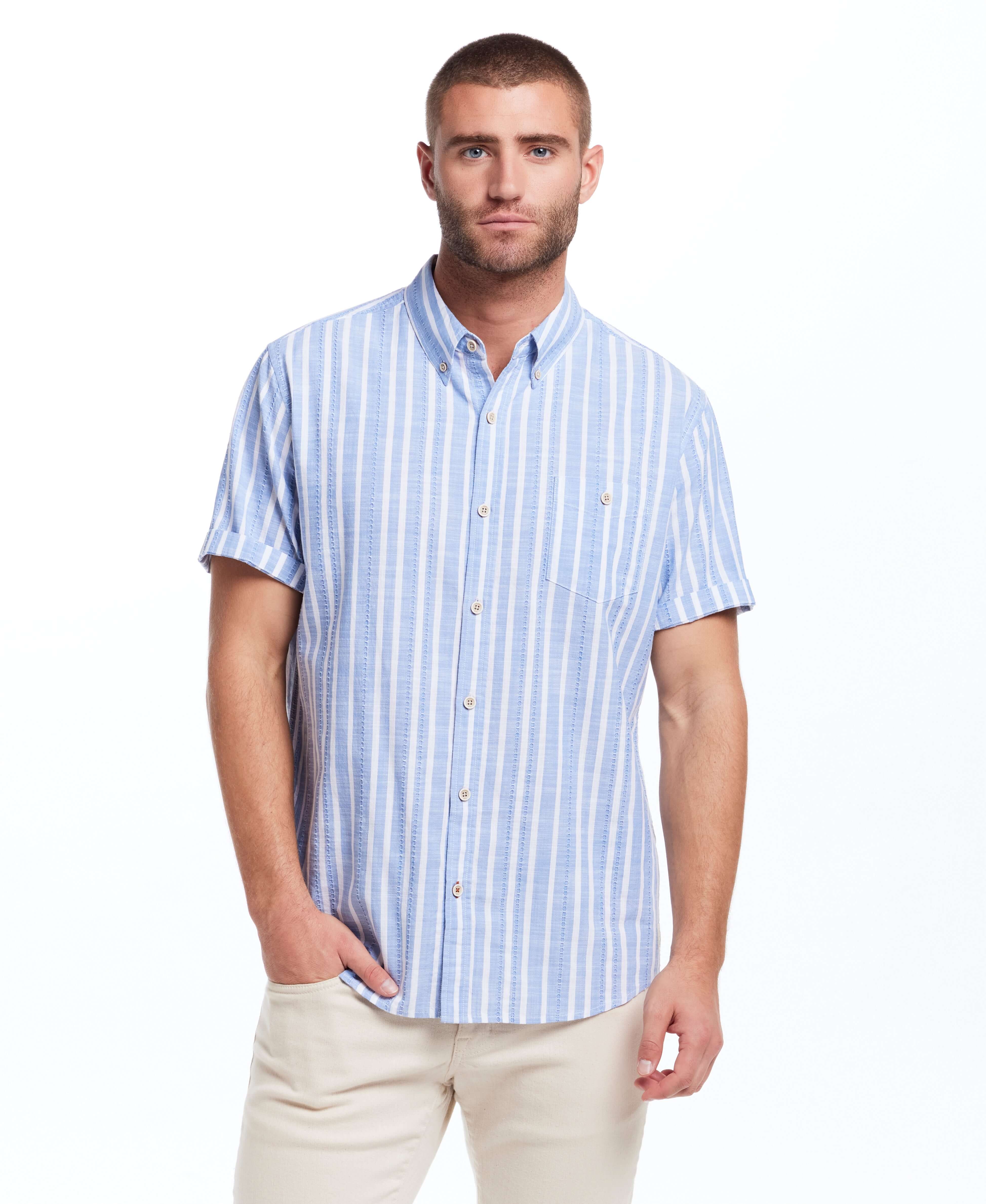 Short Sleeve "Faux Linen" Cotton Shirt in Vista Blue - Image 5