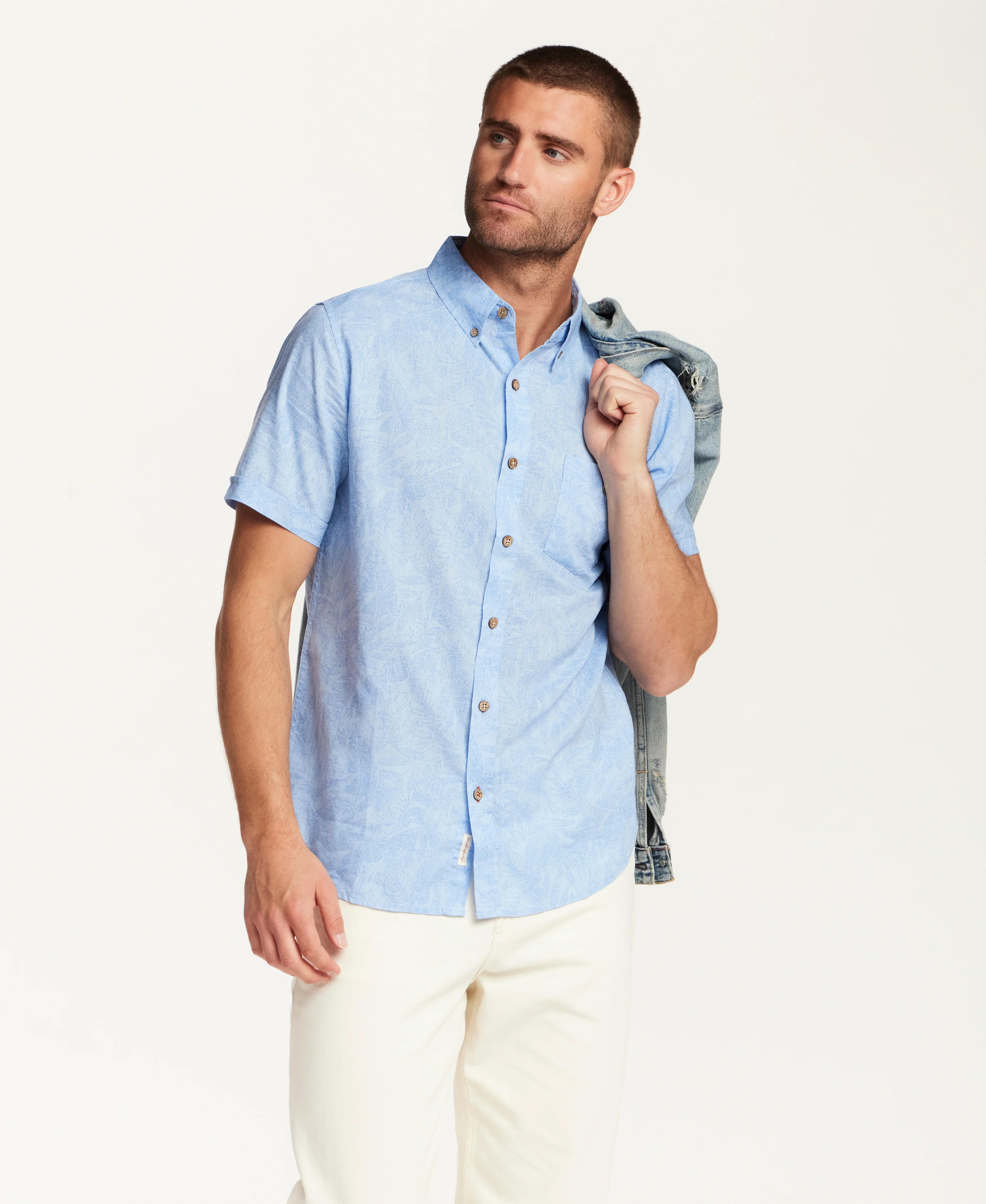 Short Sleeve Linen Cotton Leaf Print Shirt in Blue Topaz - Image 2