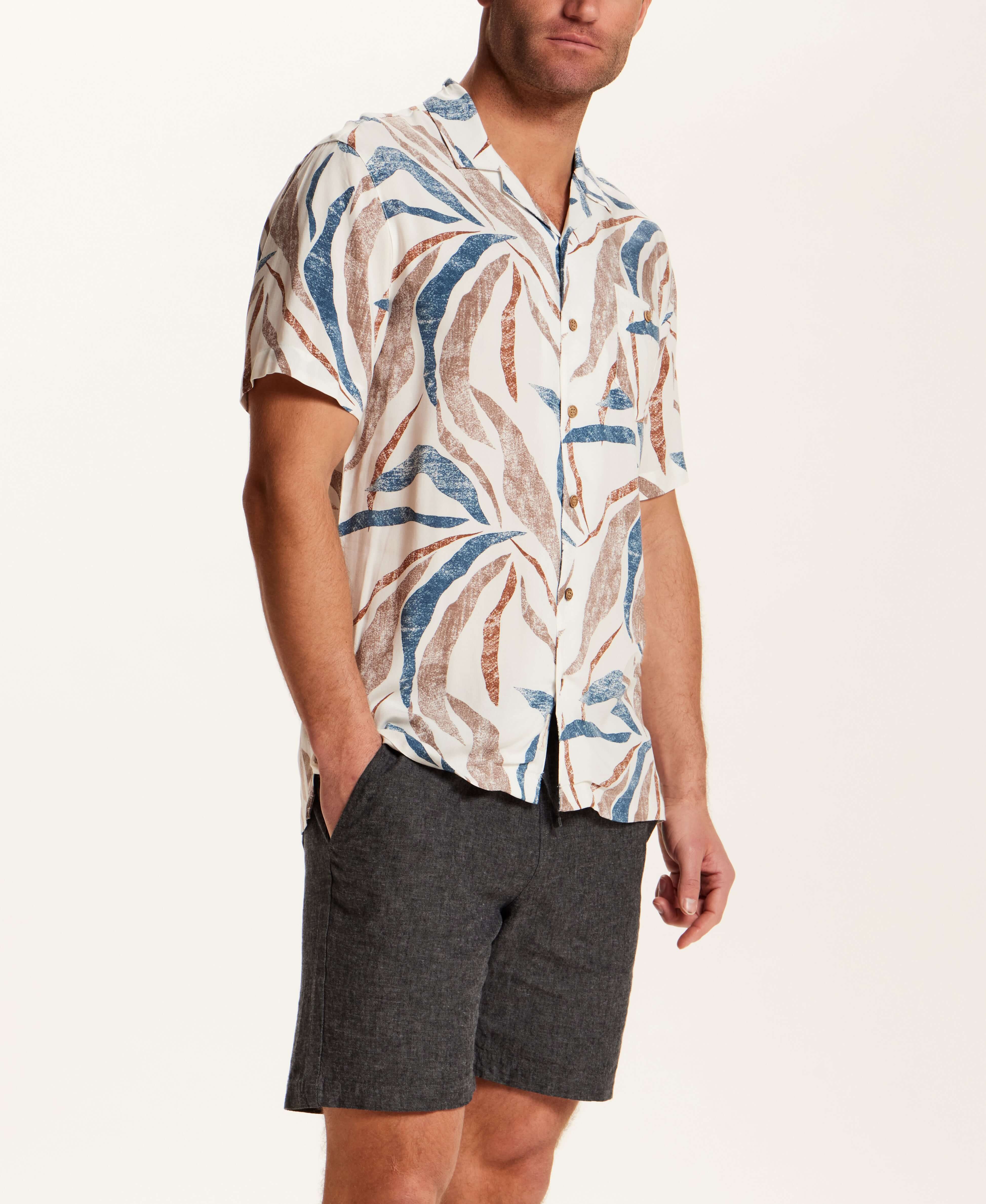 Short Sleeve Rayon Printed Camp Shirt in Marsala - Image 5