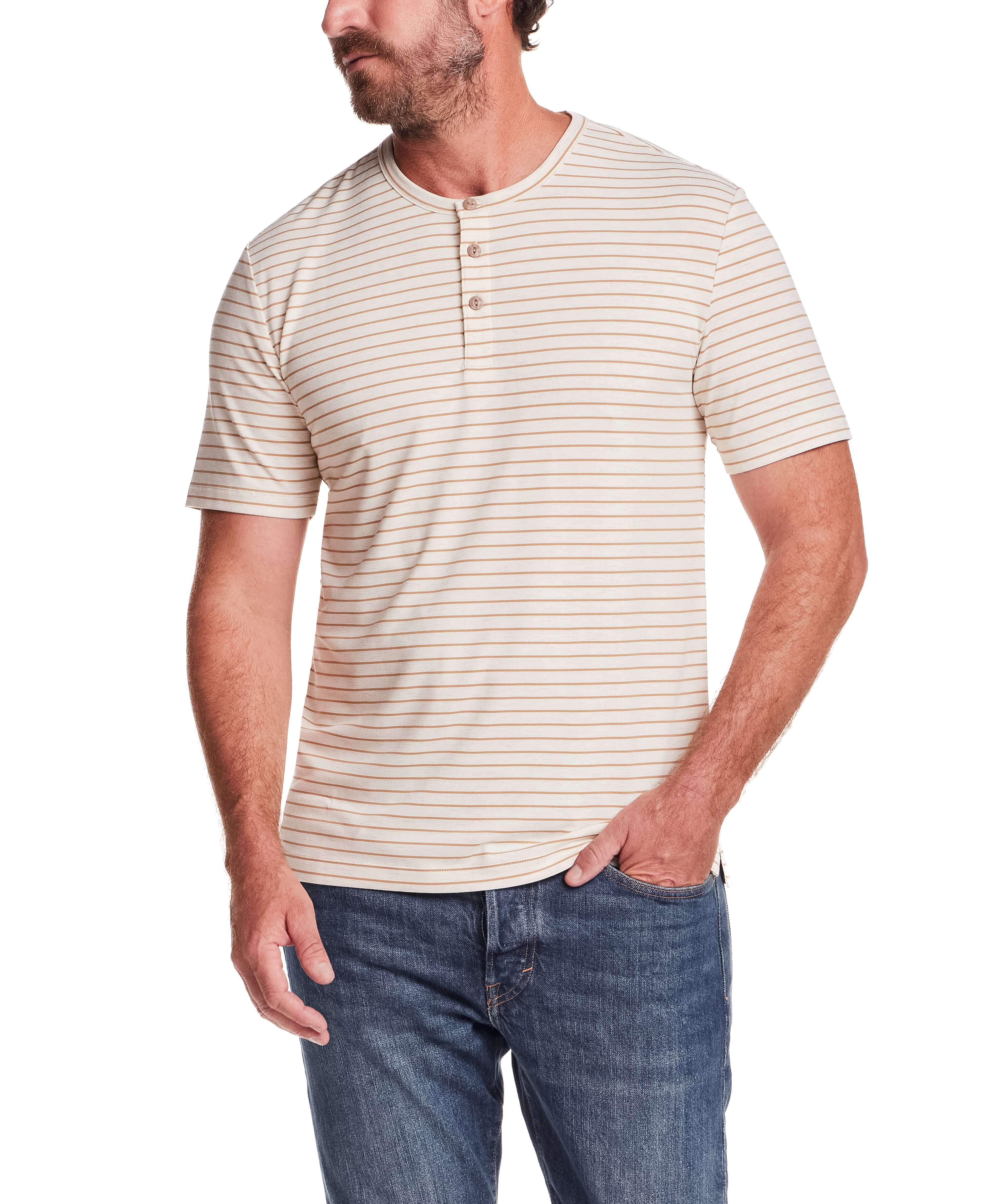 Short Sleeve Striped Henley in Tan - Image 4
