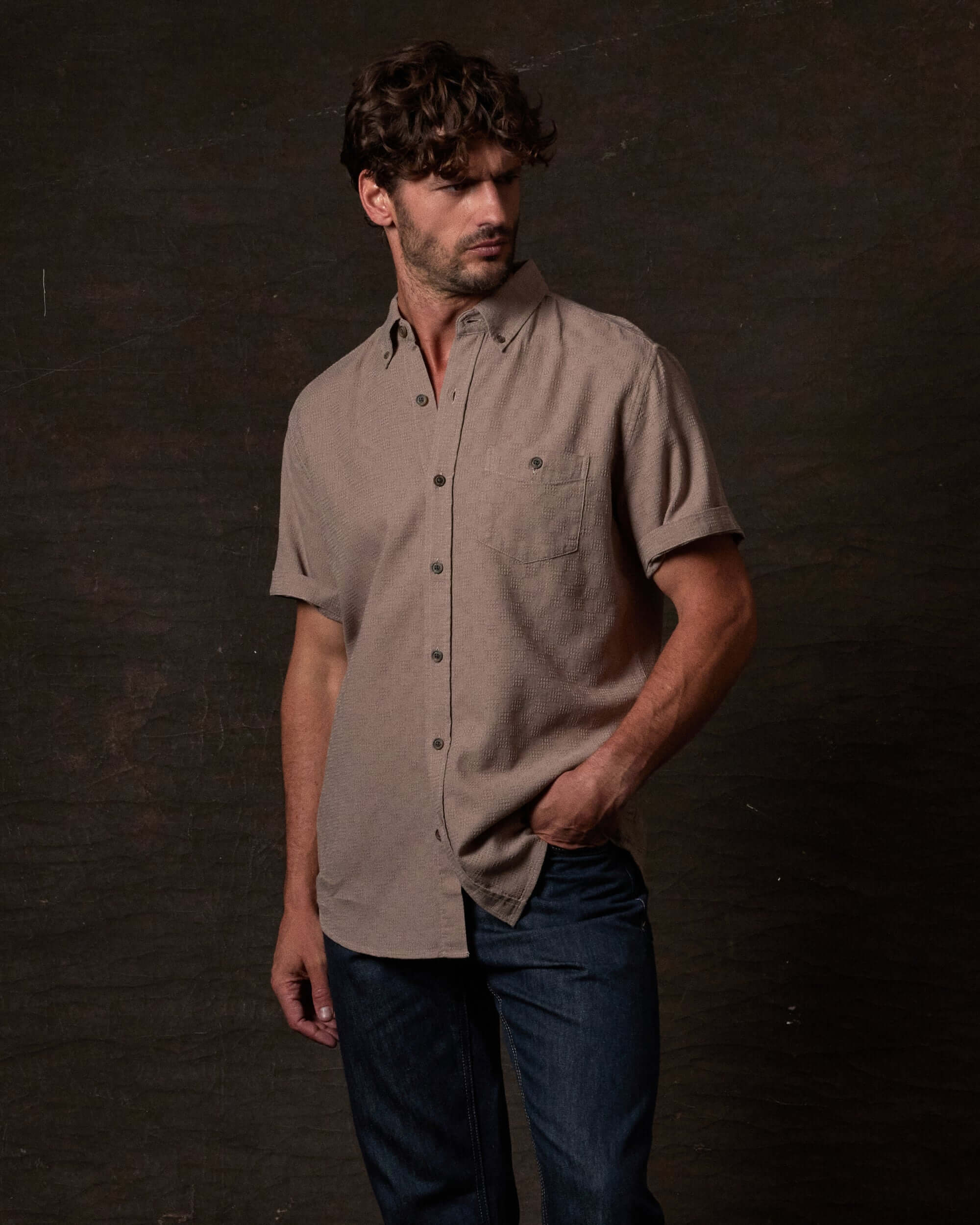 Short Sleeve Textured Dobby Button-Down in Mountain Trail