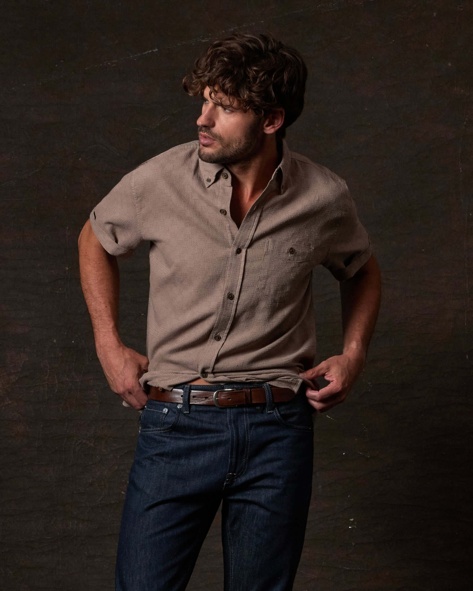 Short Sleeve Textured Dobby Button-Down in Mountain Trail - Image 2