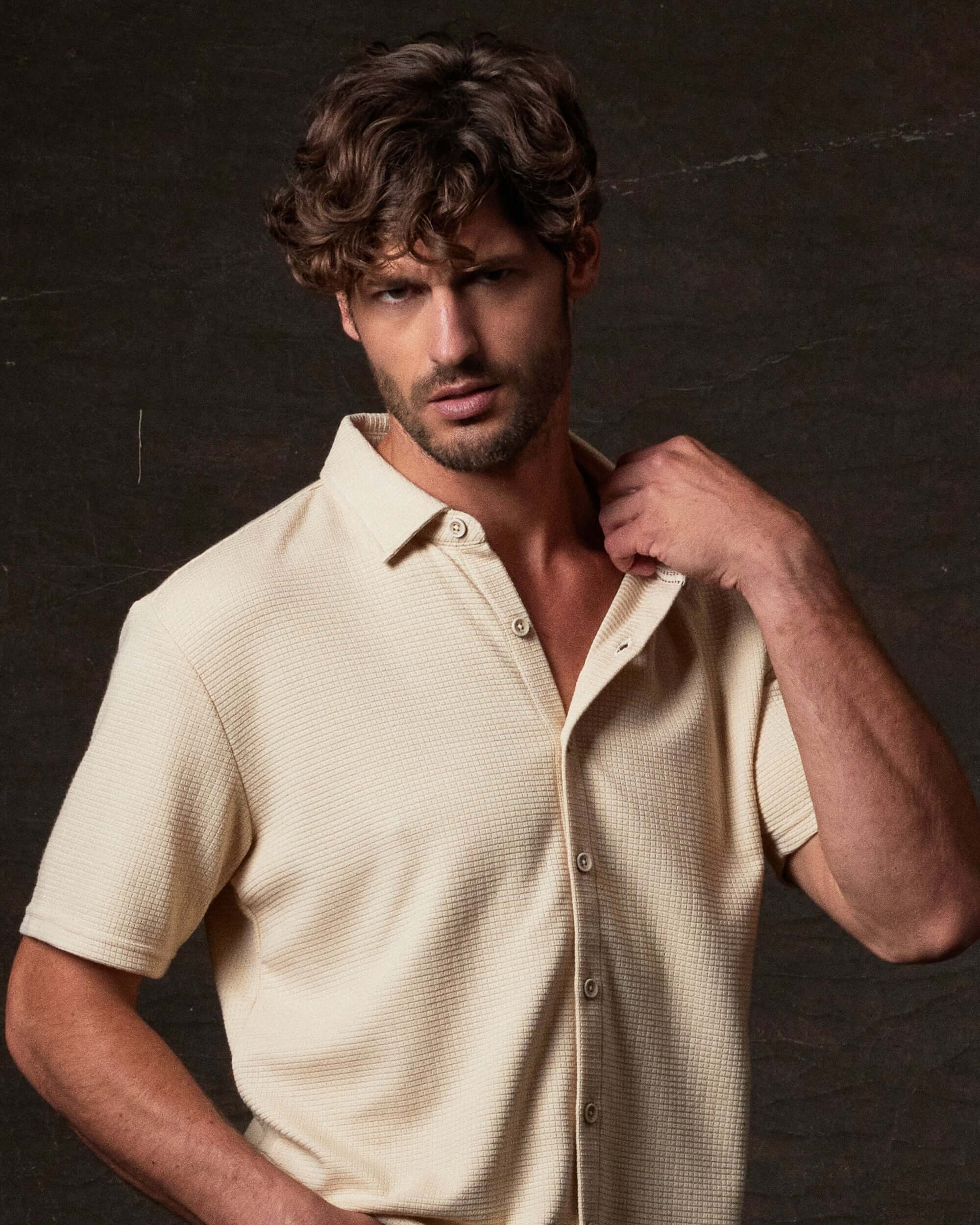 Short Sleeve Waffle Coat front Tee in Natural - Image 3