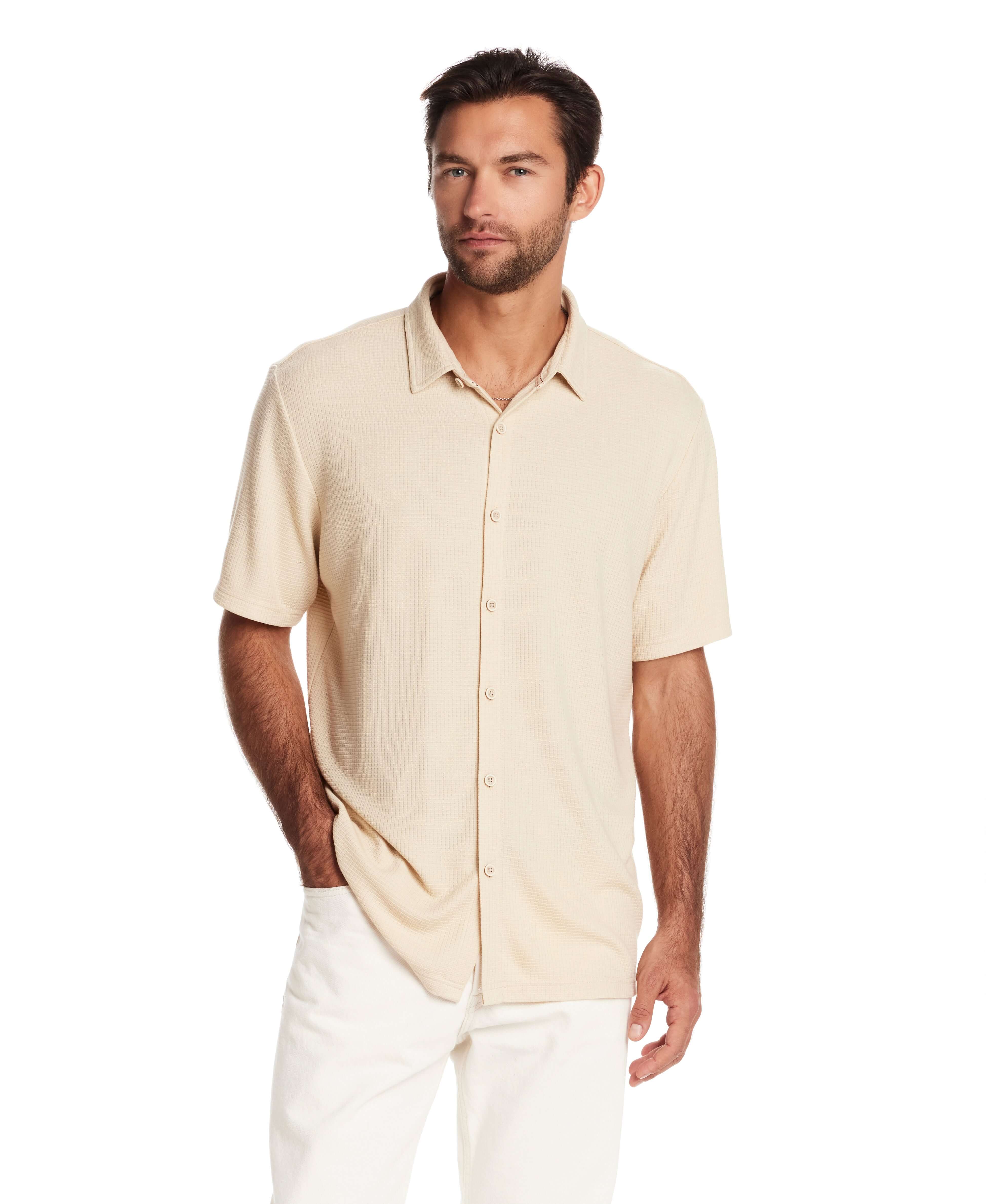 Short Sleeve Waffle Coat front Tee in Natural - Image 4