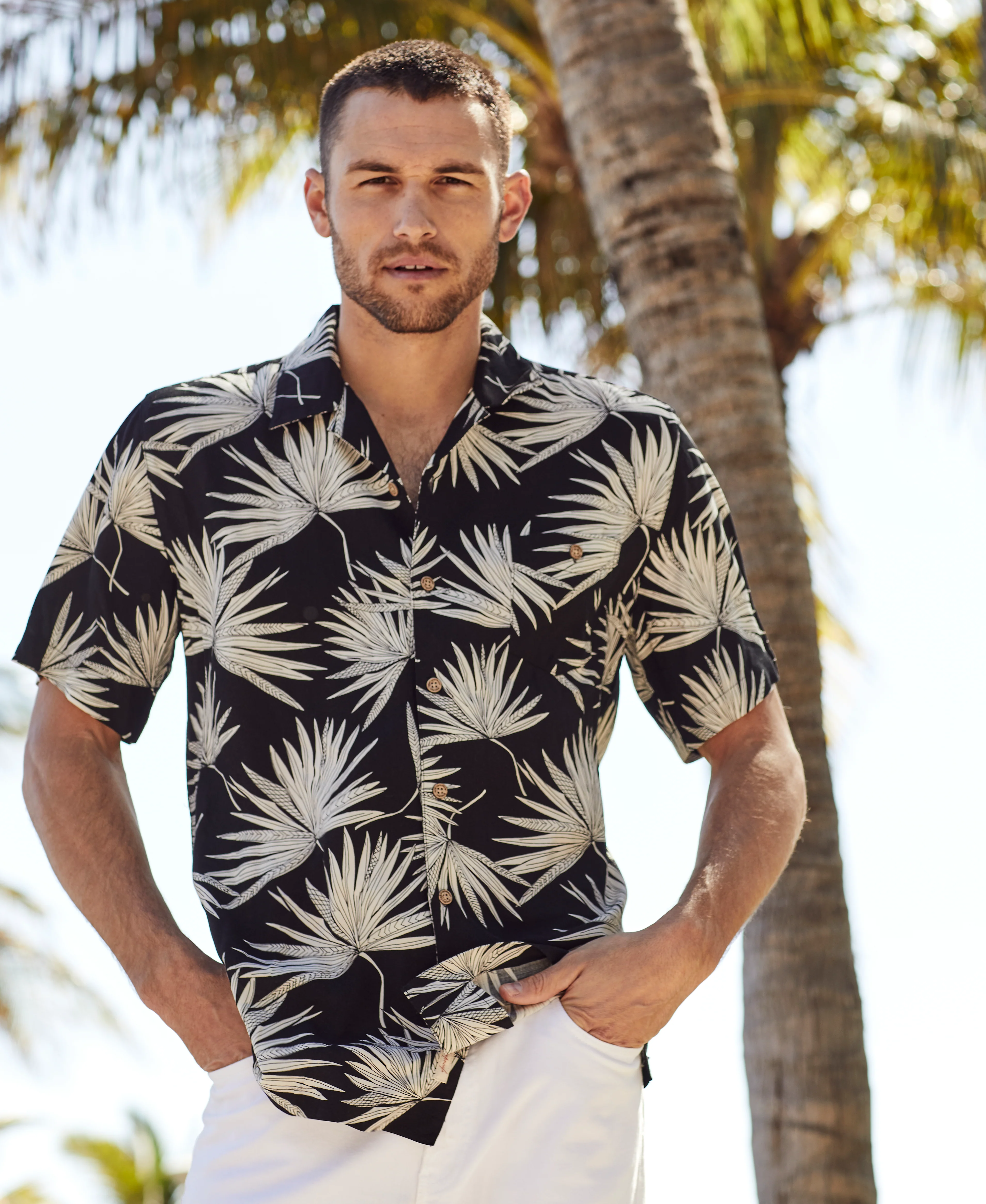 Short Sleeve Rayon Print Camp Collar In Sky Captain