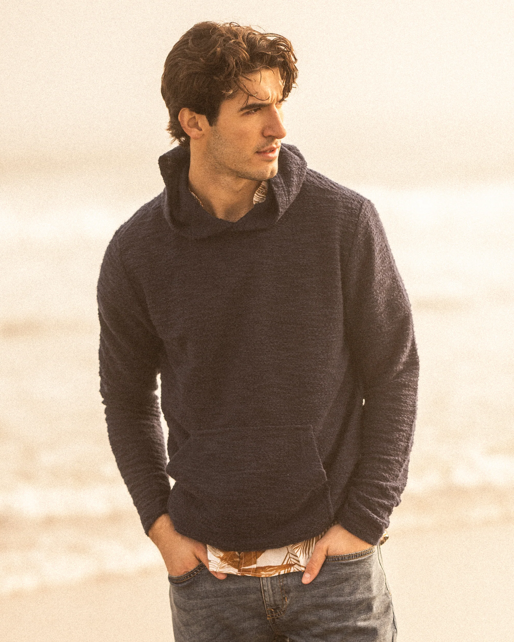 Slub Knit Pullover Hoodie in Maritime Blue