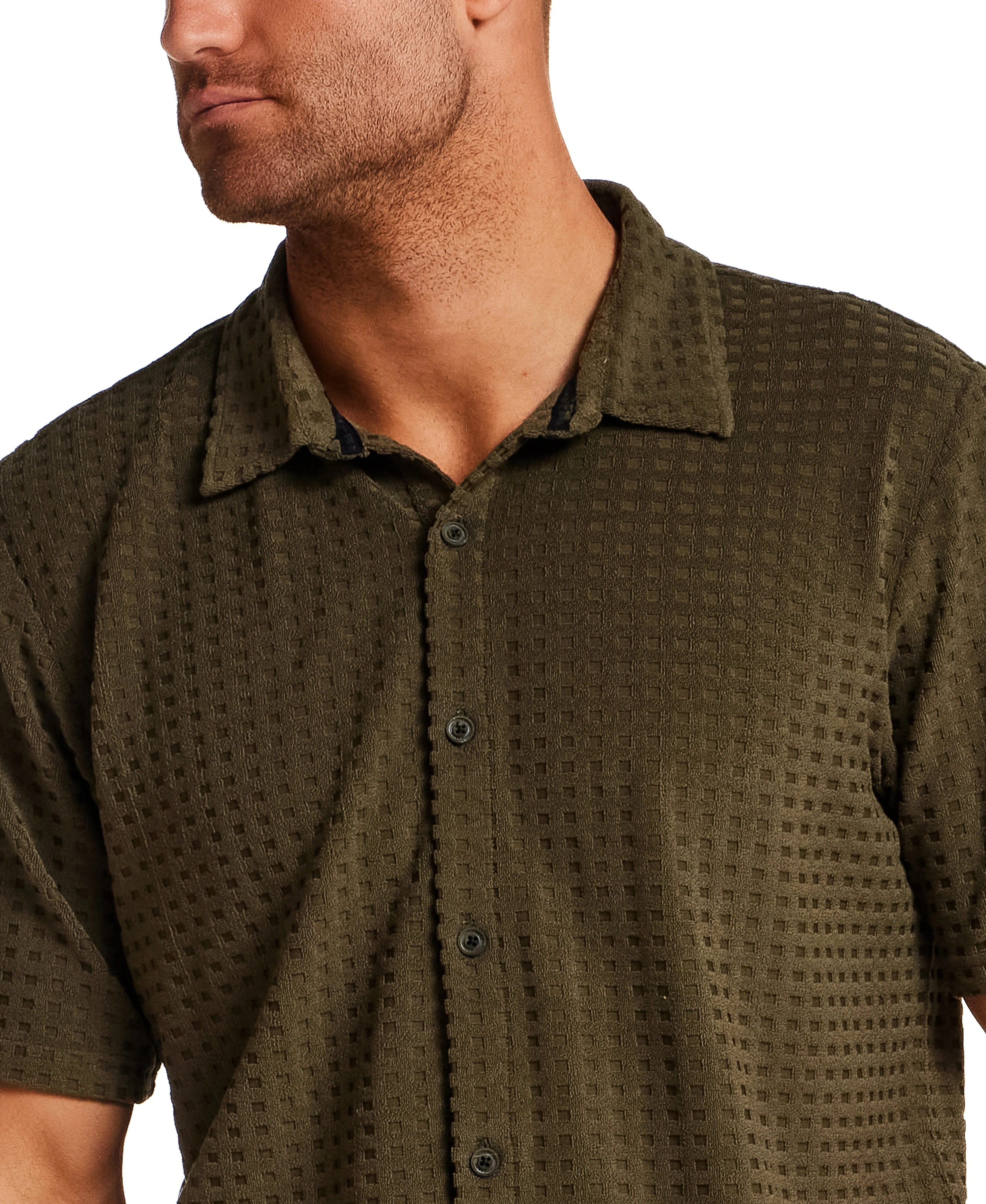 Textured Grid Knit Shirt in Olive - Image 2