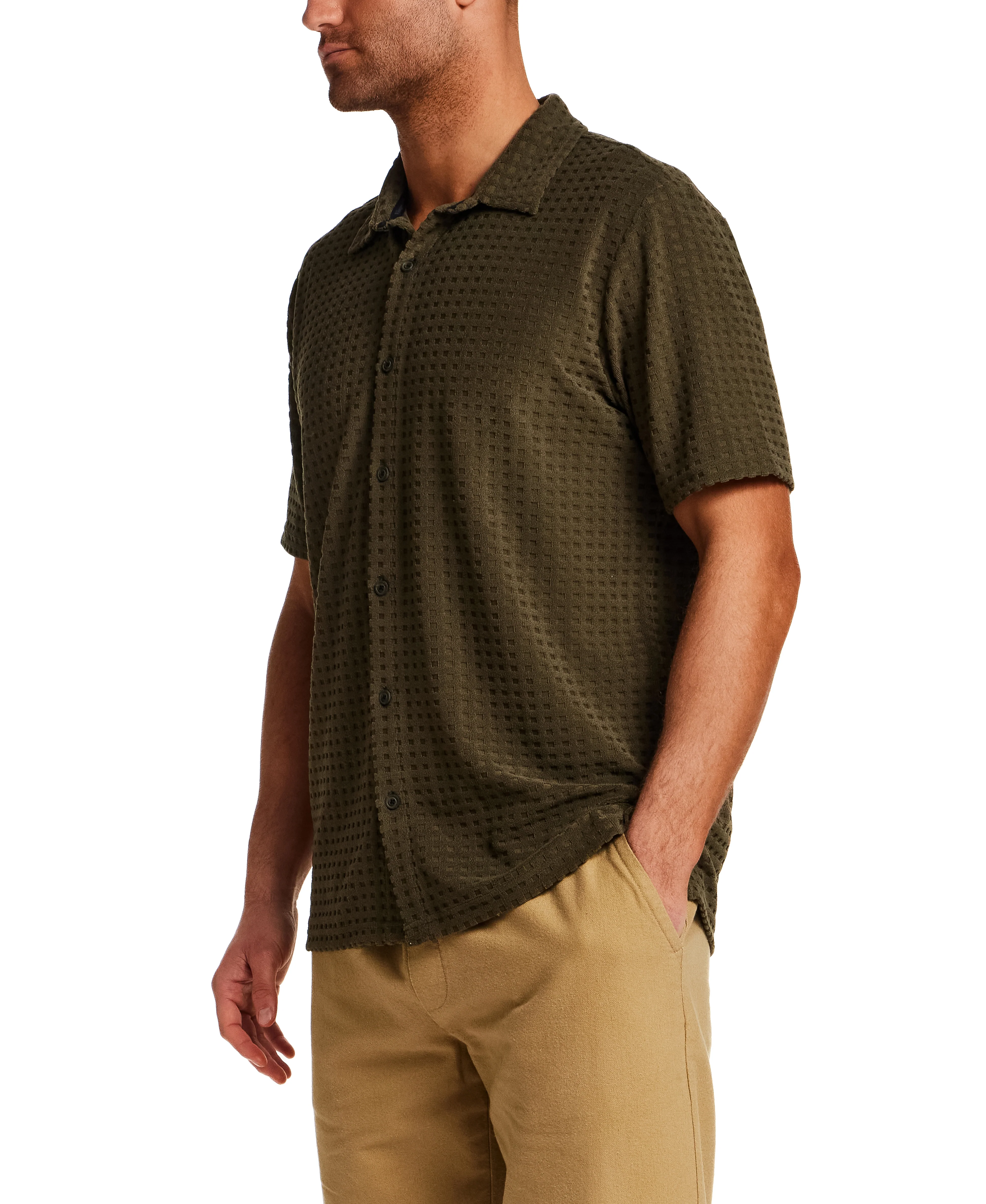 Textured Grid Knit Shirt in Olive - Image 3
