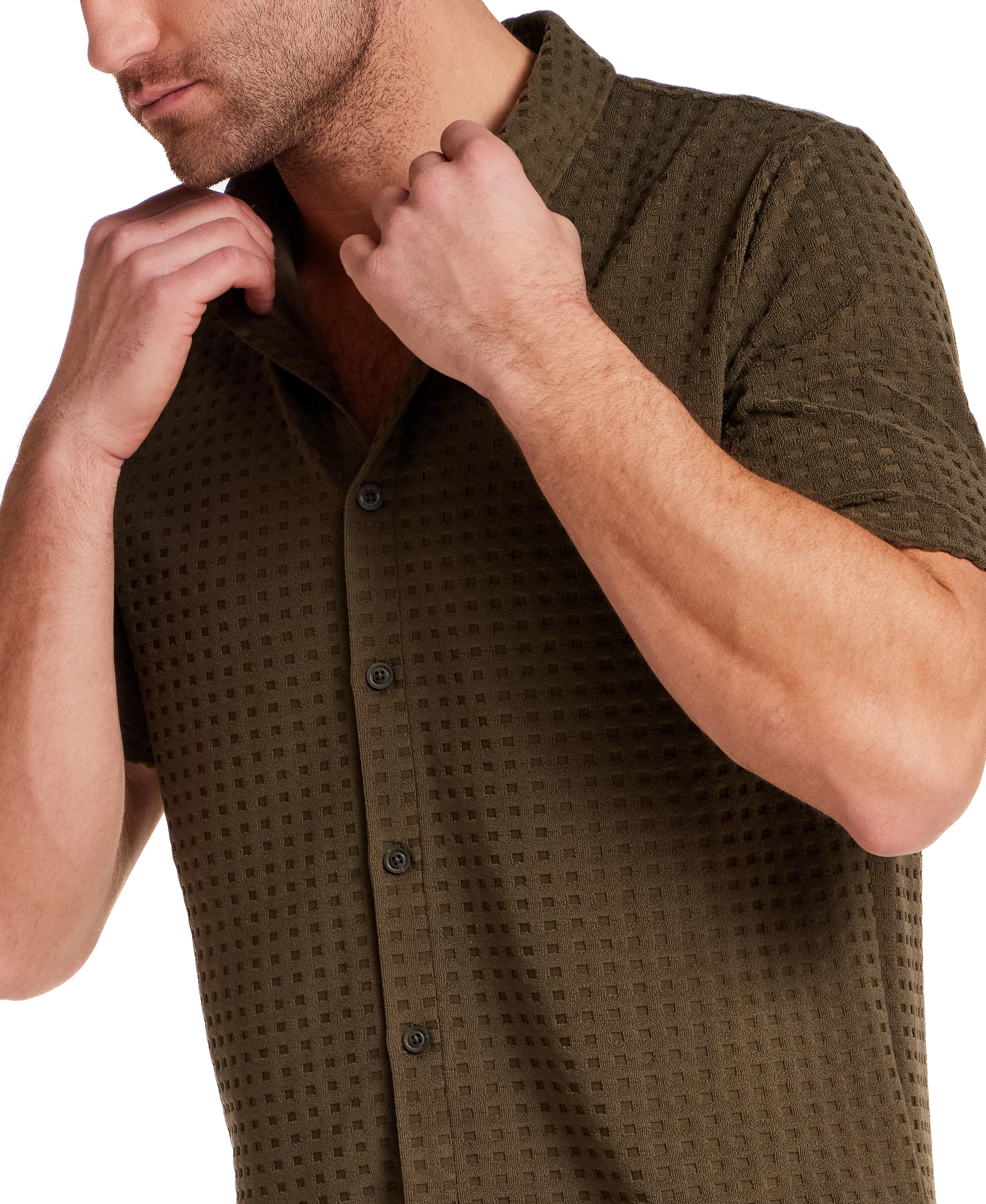 Textured Grid Knit Shirt in Olive - Image 4