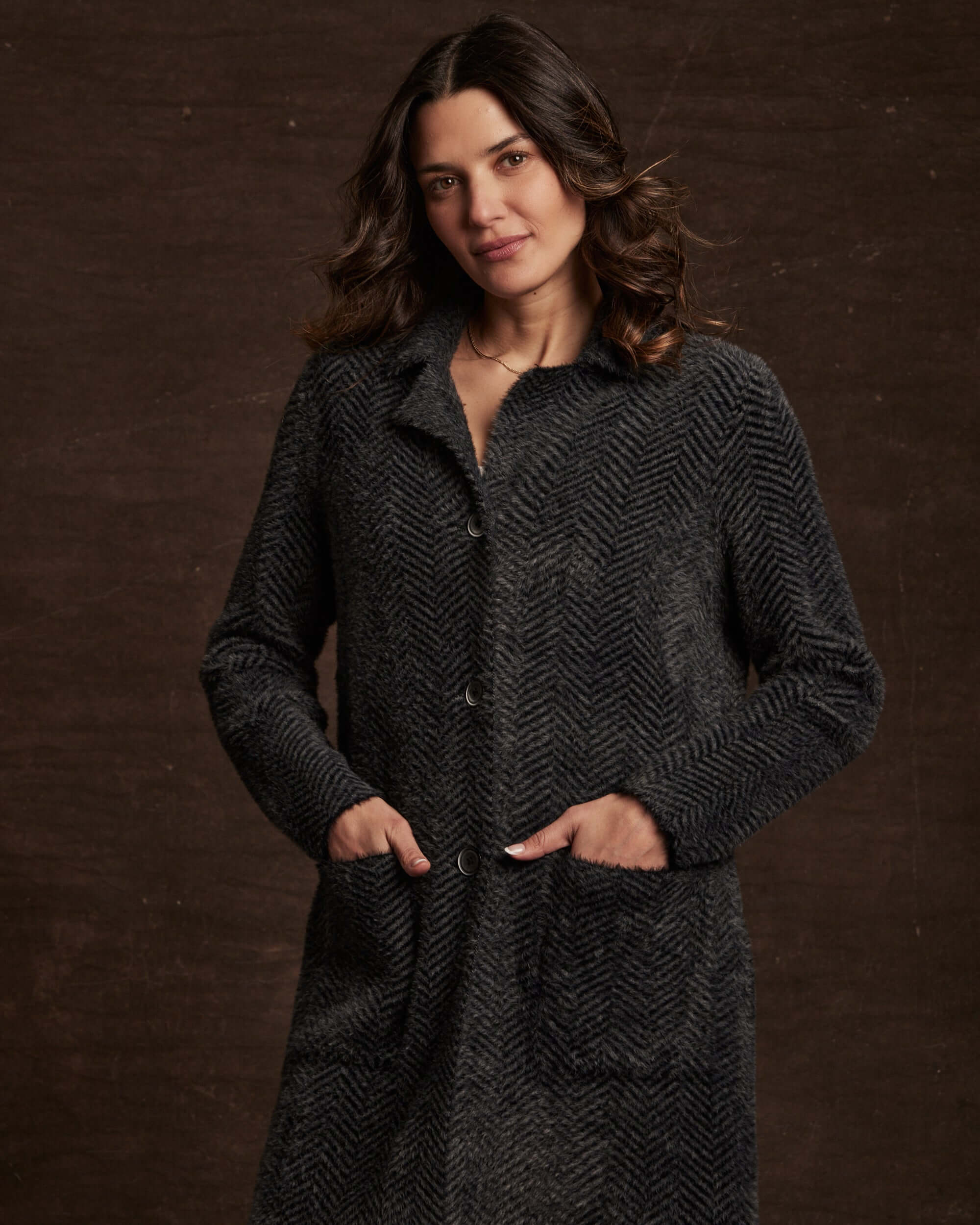 Women's Plush Herringbone Coatigan in Black - Image 3