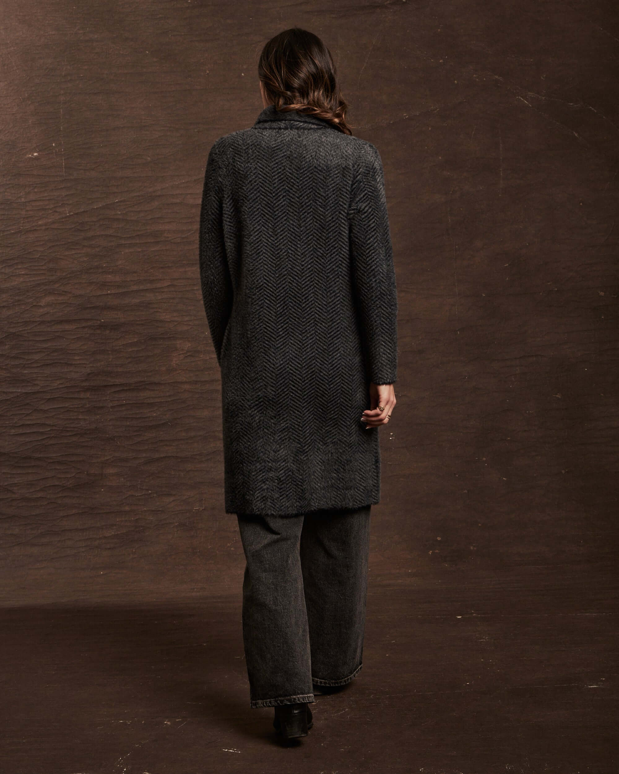 Women's Plush Herringbone Coatigan in Black - Image 4