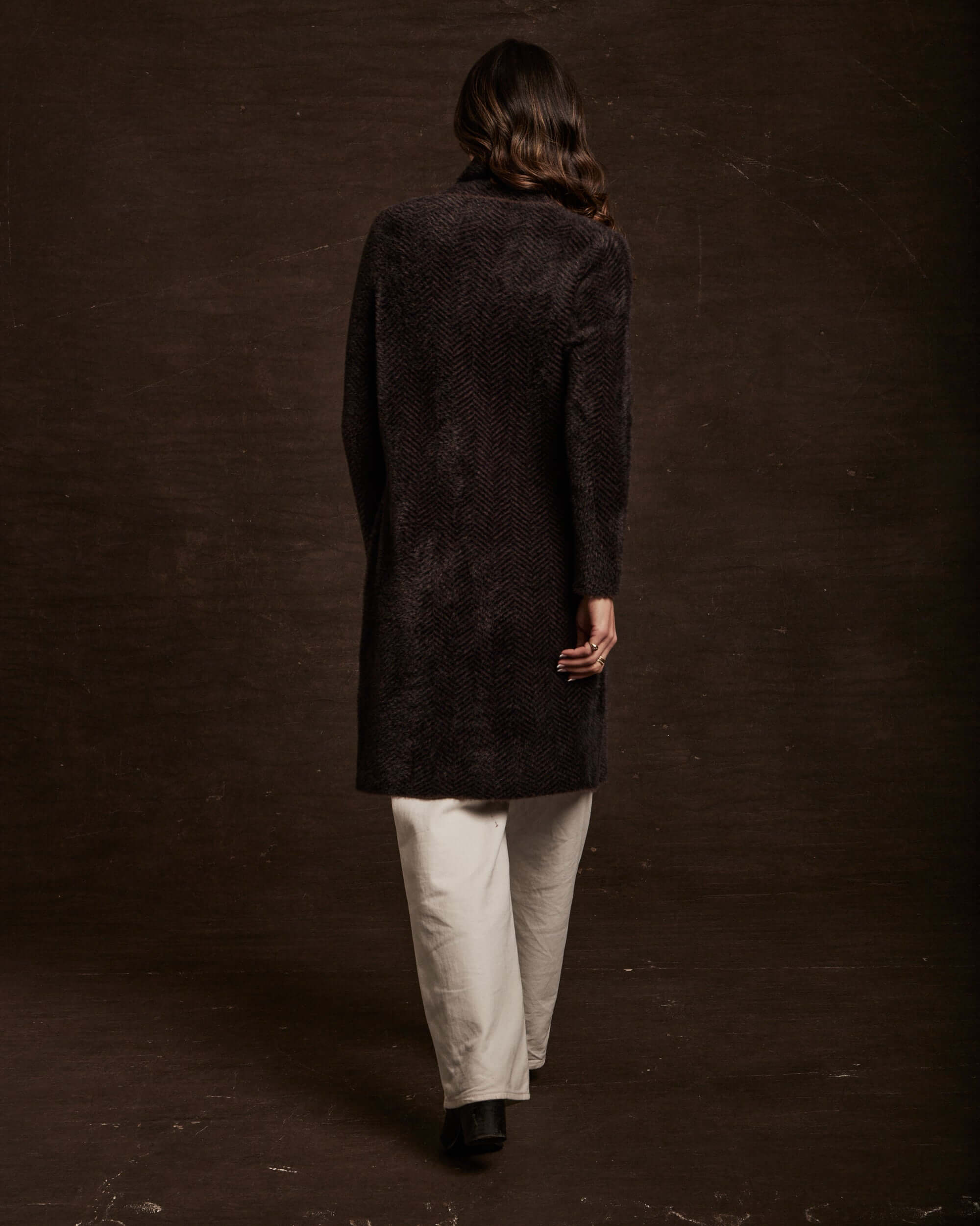 Women's Plush Herringbone Coatigan in Chocolate - Image 3