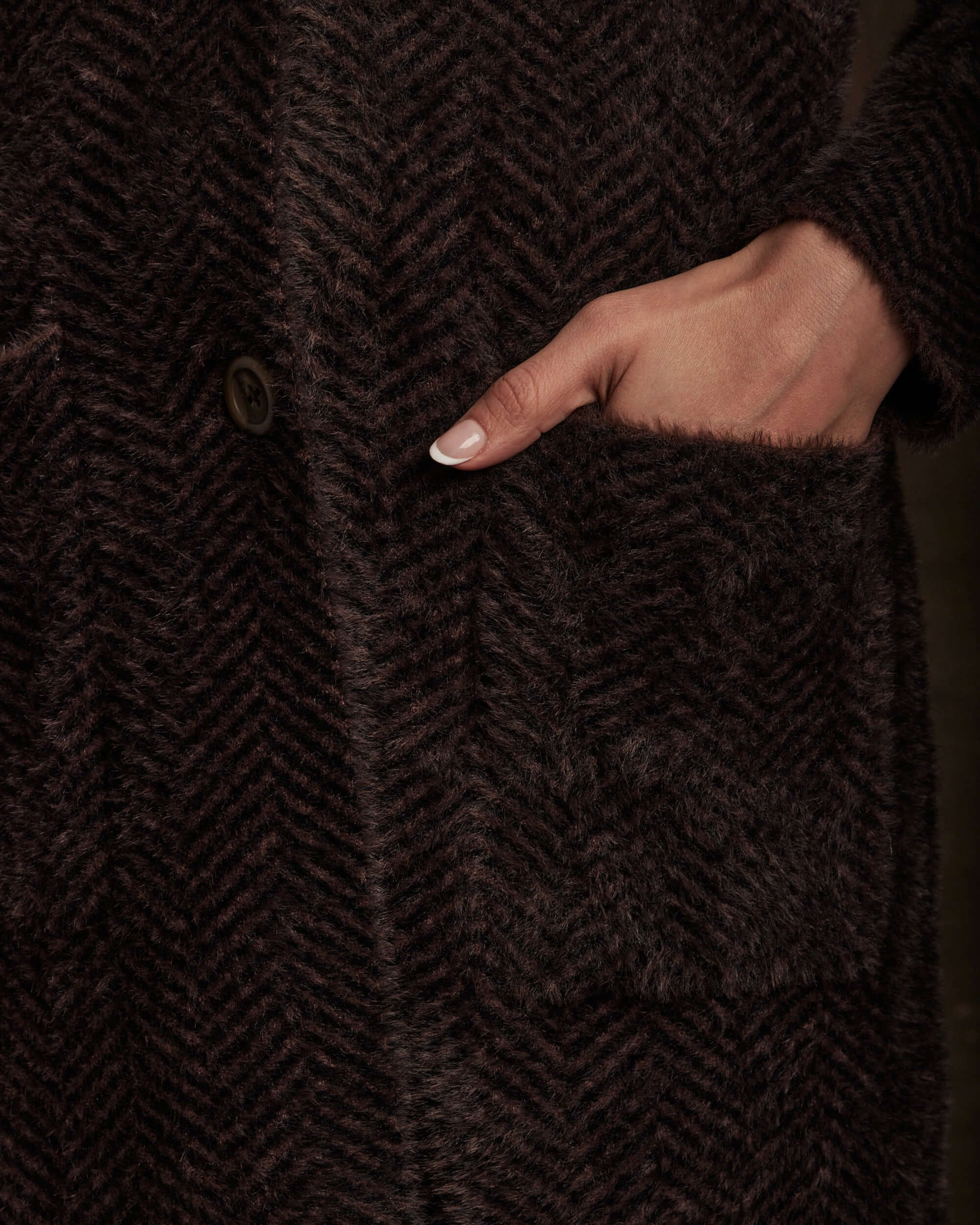 Women's Plush Herringbone Coatigan in Chocolate - Image 4