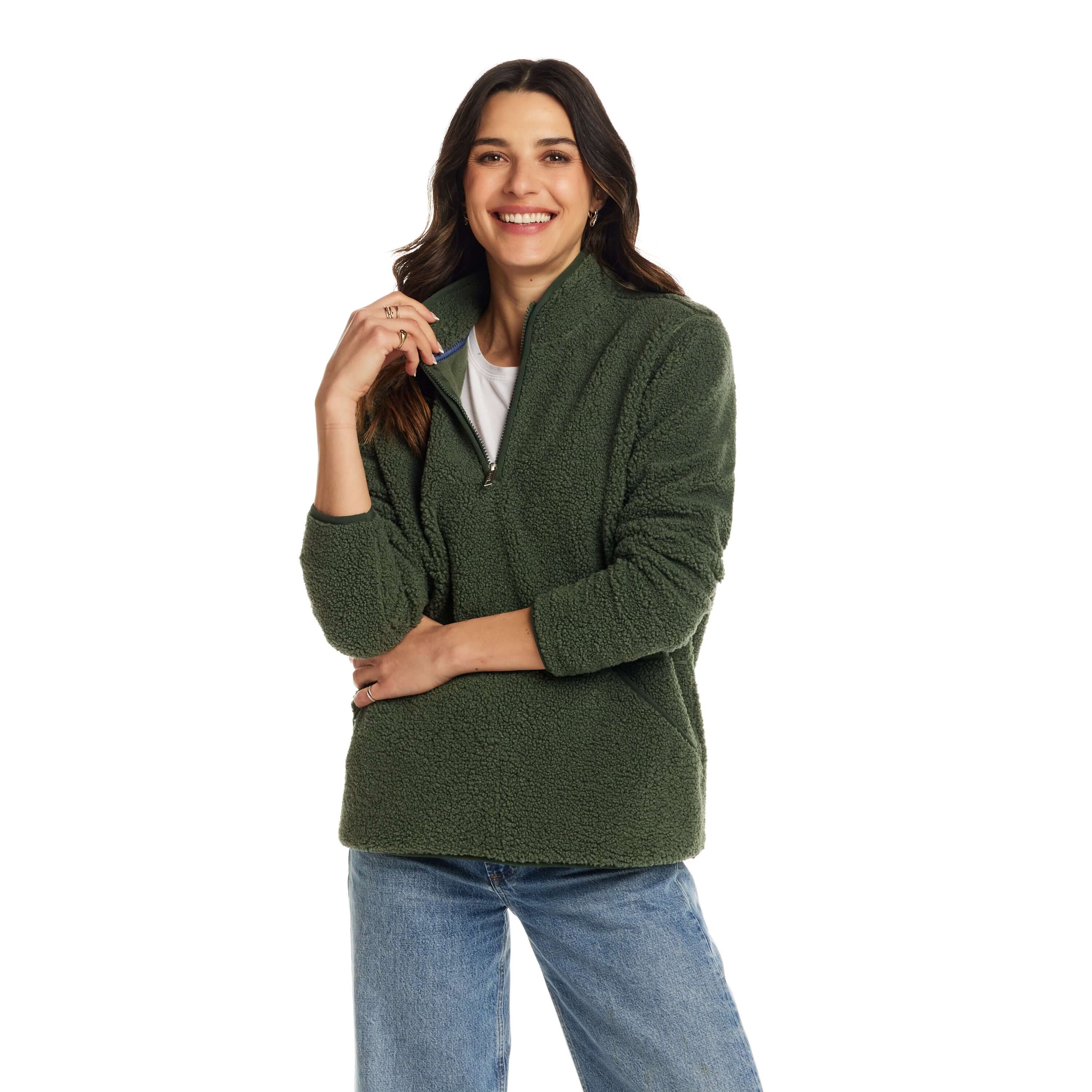 Women's Teddy Sherpa Quarter Zip Pullover in Green - Image 6
