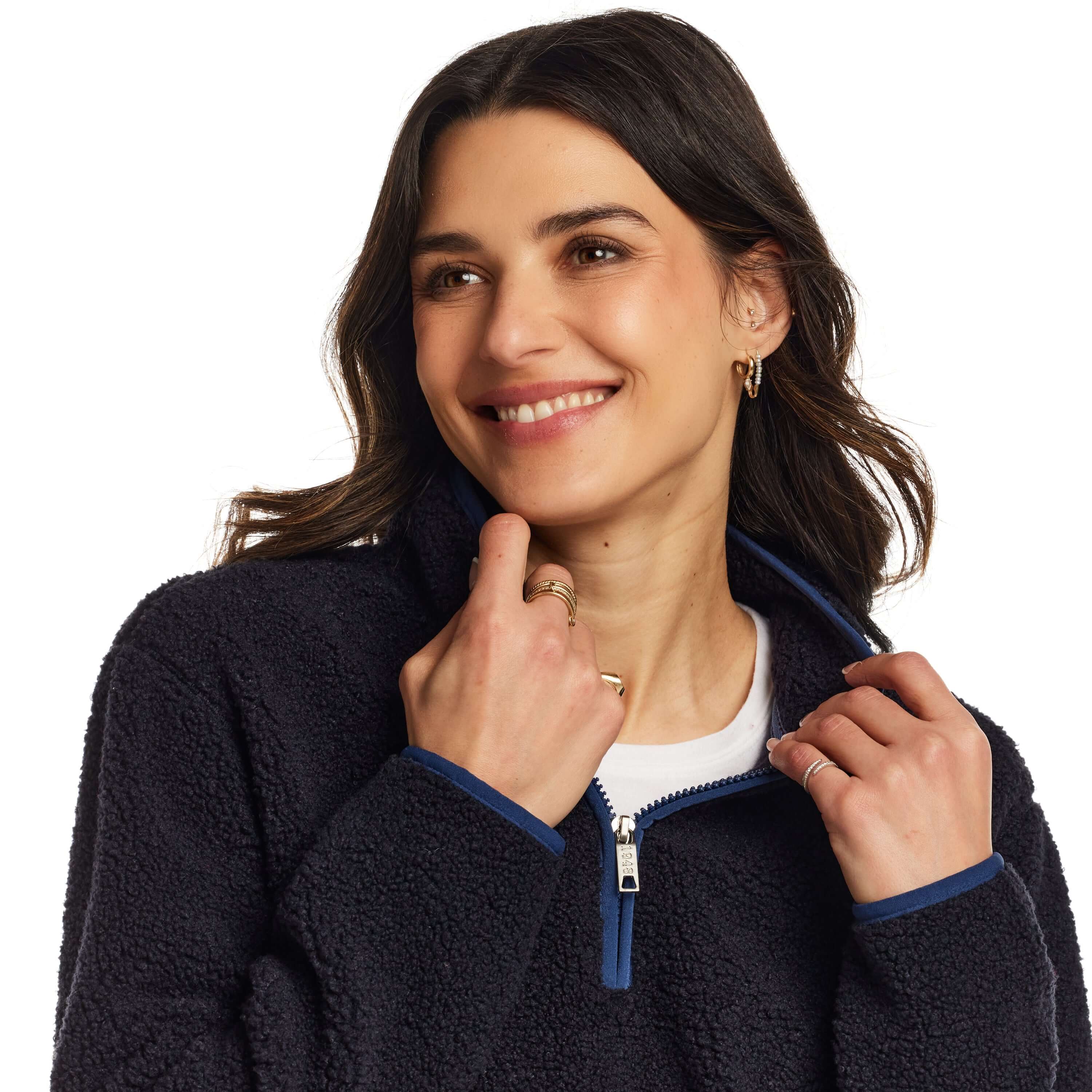 Women's Teddy Sherpa Quarter Zip Pullover in Navy - Image 4
