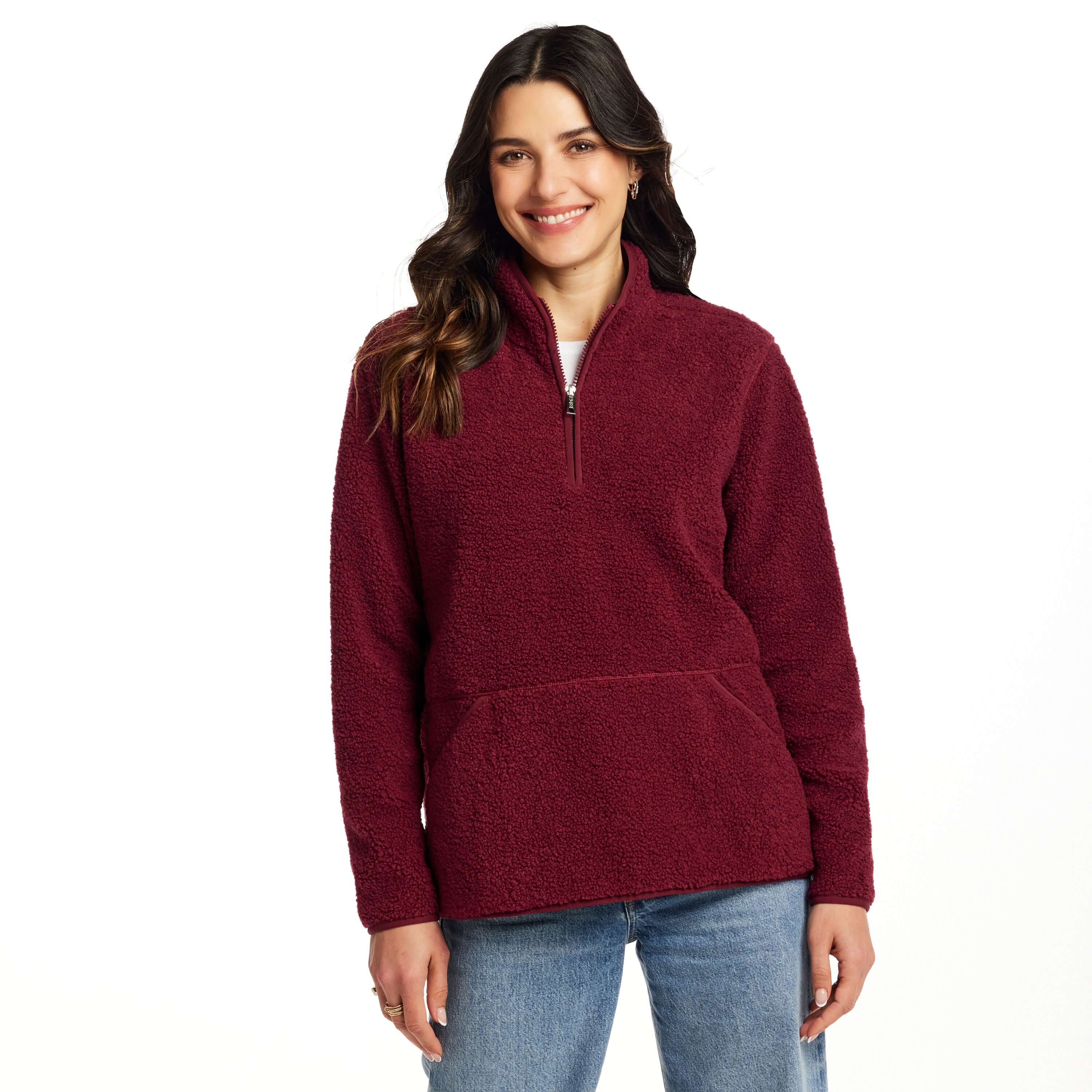 Women's Teddy Sherpa Quarter Zip Pullover in Red - Image 6